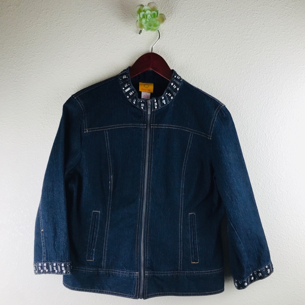 EUC Ruby Rd. Size 10 Jean Jacket Coat 3/4 sleeve Bling Detail